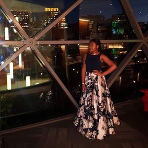 A blue floral 2 piece prom dress